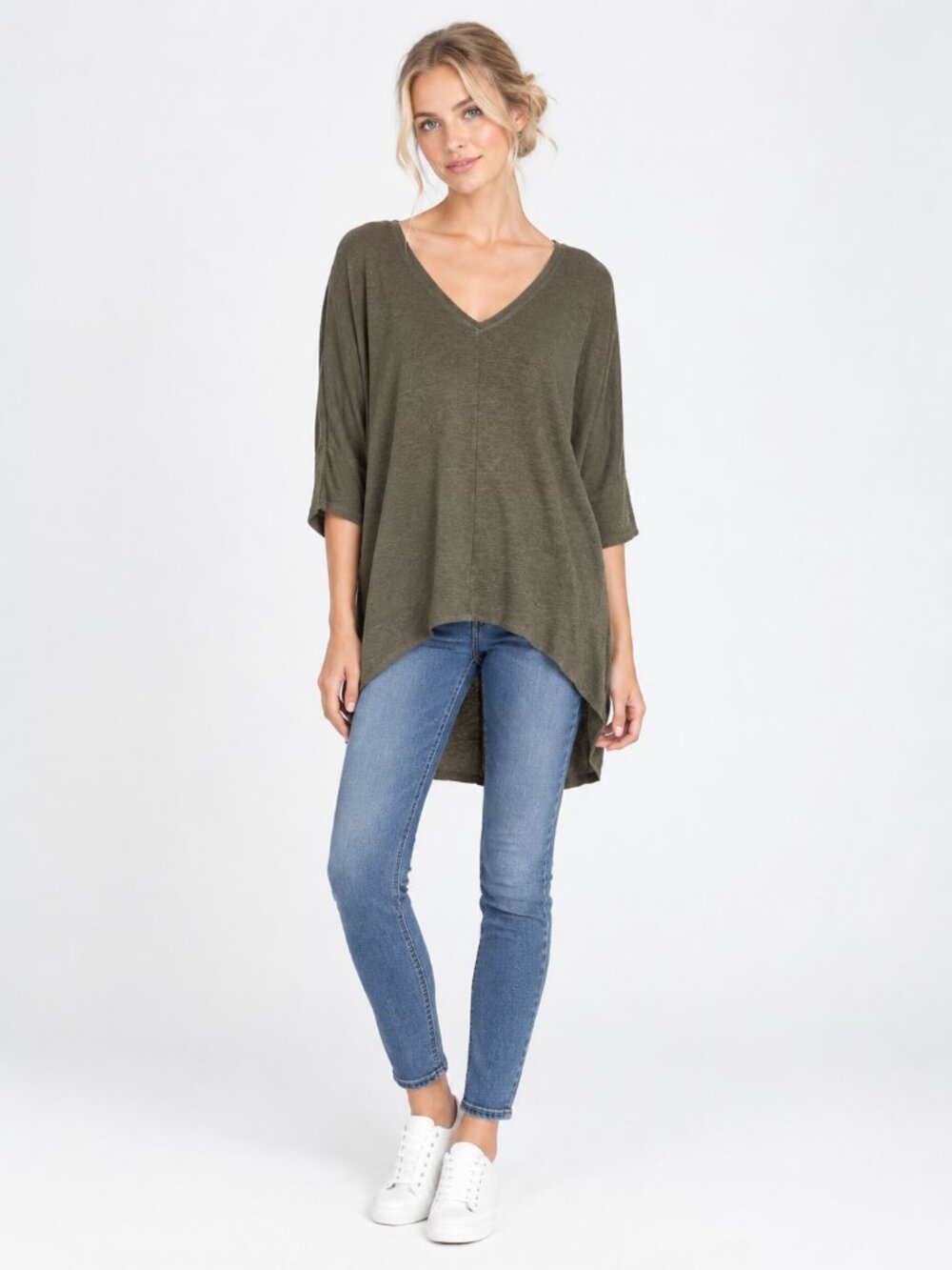 2/$30 ELIE Elie Tahari 3/4 Dolman Sleeve High-Low Hem Tunic Olive Large #A4300